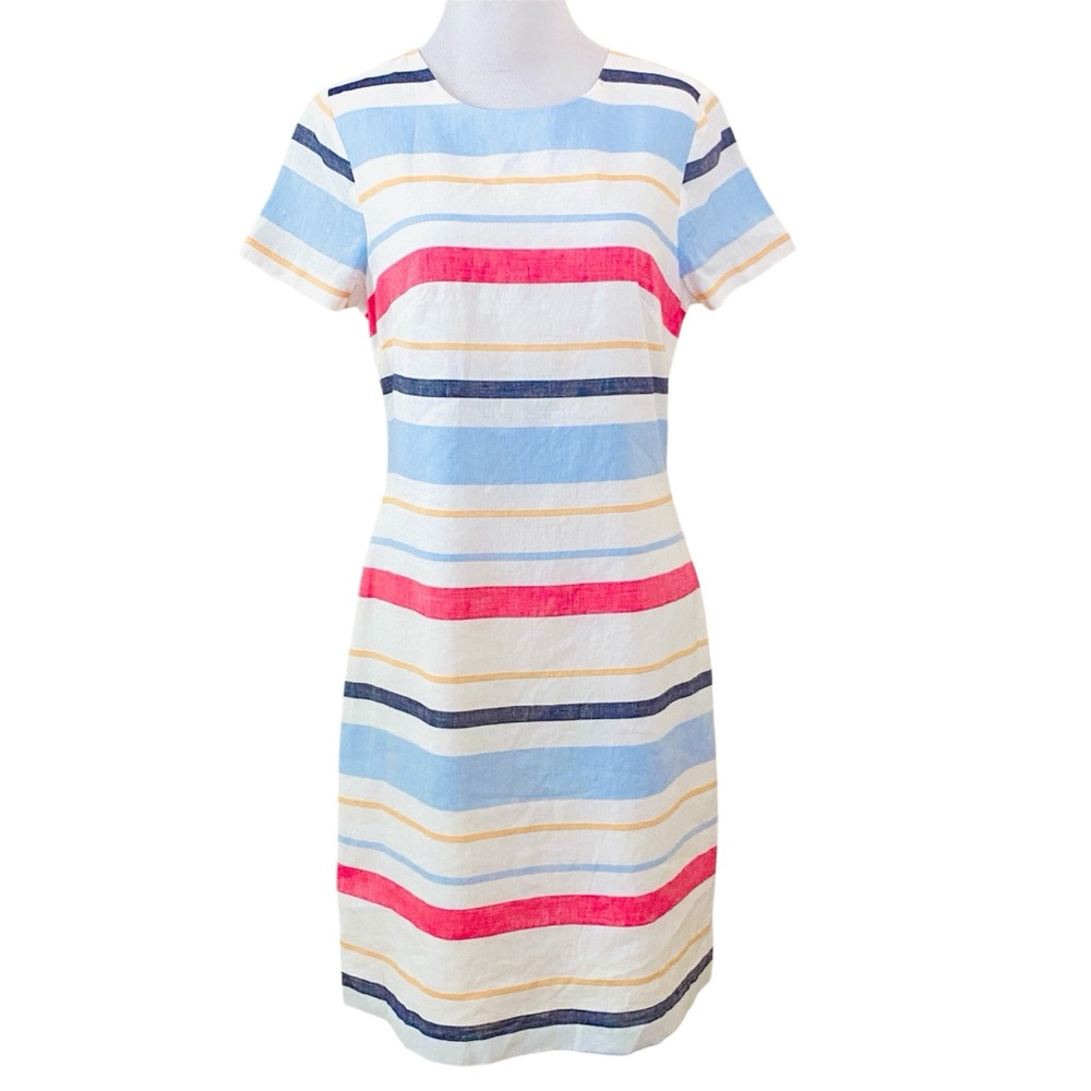 KARL LAGERFELD PARIS MINI DRESS 4 LINEN WHITE STRIPE SUMMER RESORTWEAR PREPPY